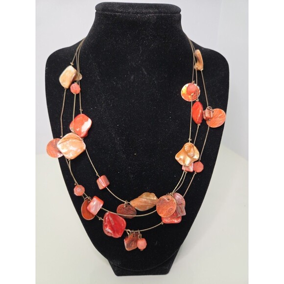 Necklace Coral Gold & Salmon Color 20" 3 Tier Including Earrings & 3 Braceletsj - Picture 1 of 7